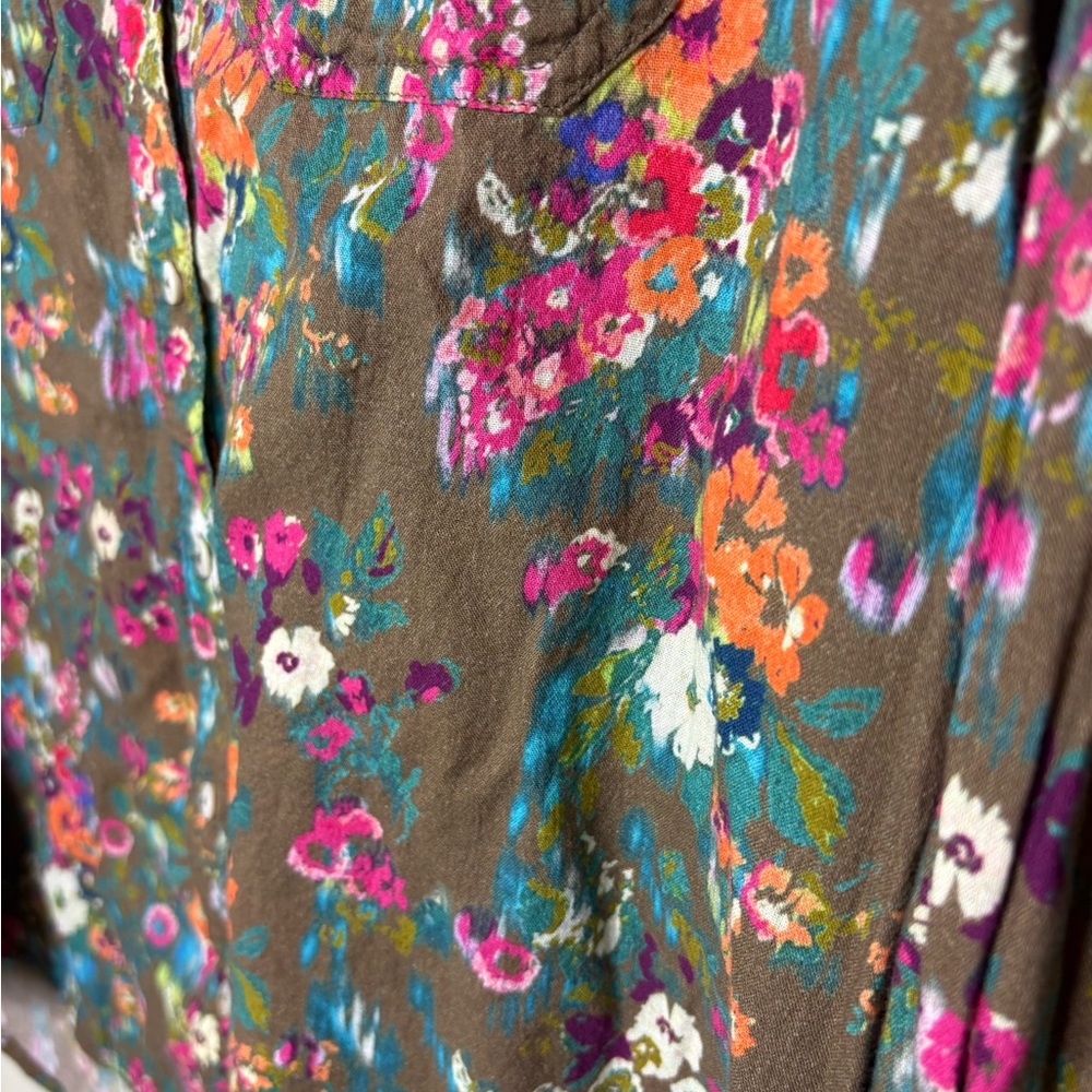 Sundance Olive Brown Floral Button-Up Blouse with Bright Multi-Color Print Large - Picture 3 of 6